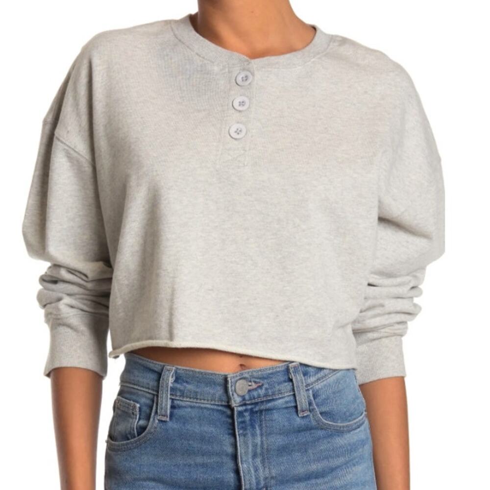Abound Henley Cropped Sweatshirt Light Gray Heather Fleece NWT L